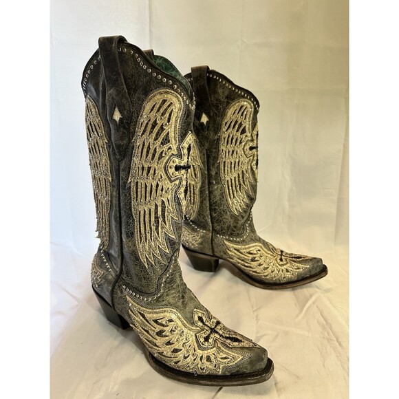 CORRAL Black Cross Angel Wings Overlay & Studs Western Boots A4232 Sz 8.5 - Picture 1 of 16